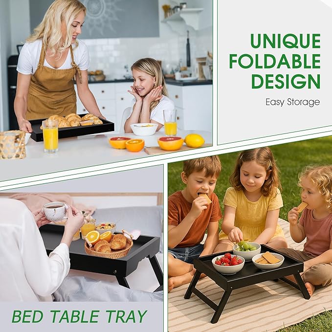 Bamboo Bed Tray Table with Foldable Legs, Breakfast in Bed Tray for Kitchen Serving Tray, Eating, Working, Drawing Tray (2 Pack, Black)