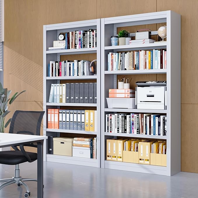 Bookshelf,6-Tier Adjustable Steel Book Shelf,61" H Heavy Duty Metal Bookcase for Home/Office/Garage,White Shelf (White, 61" Tall)