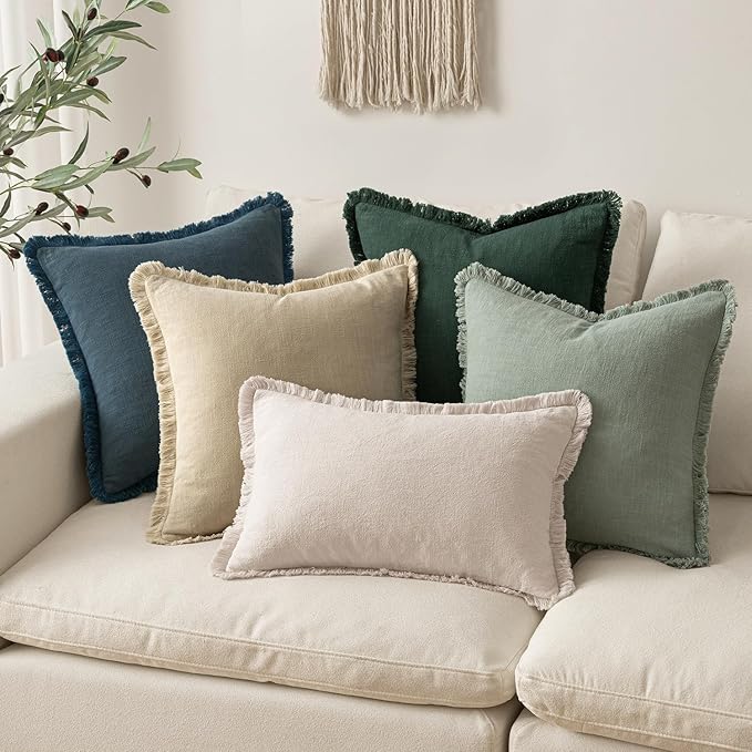 MIULEE Decorative Throw Pillow Covers Neutral Linen Fringe Throw Pillows Euro Shams Set of 2 Beige Boho Farmhouse Cushion Covers for Couch Sofa Bed Living Room Spring Home Decor 24x24 Inch