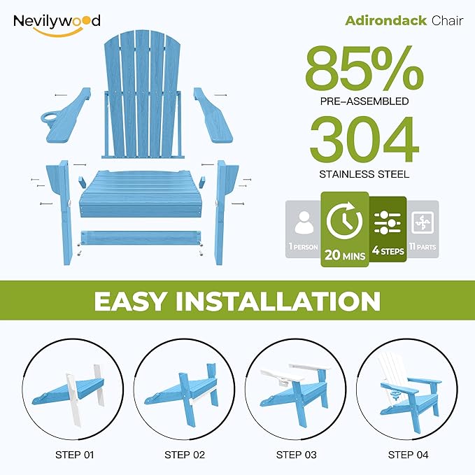 nevilywood Folding Adirondack Chair with Cup Holder Set of 4, HDPE Patio Chairs,All-Weather Outdoor Chairs for Backyard, Deck,Fire Pit-LightBlue