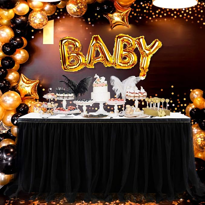 Suppromo 9ft Black Table Skirts for Rectangle Tables or Round Tables Black Tutu Table Cloth for Black Gold Happy Birthday Party, Wedding, Baby Shower, Graduation, Halloween Party Decorations
