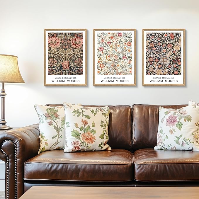Cyebmo Wood Framed William Morris Wall Art Set of 3, Rustic Farmhouse Floral Wall Decor, Retro Flower Plants Aesthetic Picture, Vintage Botanical Art Prints for Living Room Bedroom Bathroom 12"x16"x3