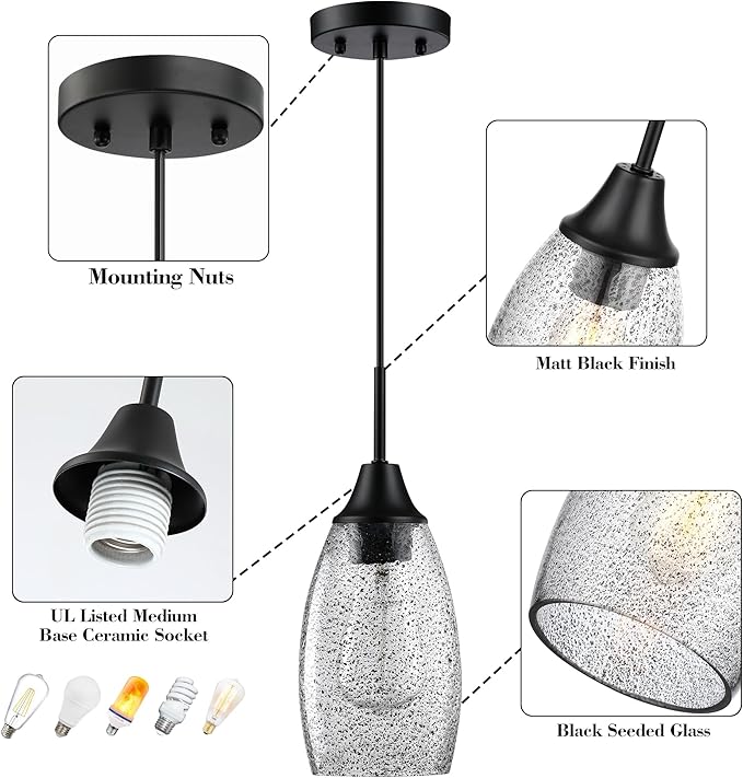 Mini Glass Pendant Light 1-Light 4.72" Handblown Black Seeded Clear Glass Shade,with Matte Black Metal Adjustable Cord Ceiling Light Fixture for Kitchen Island Sink
