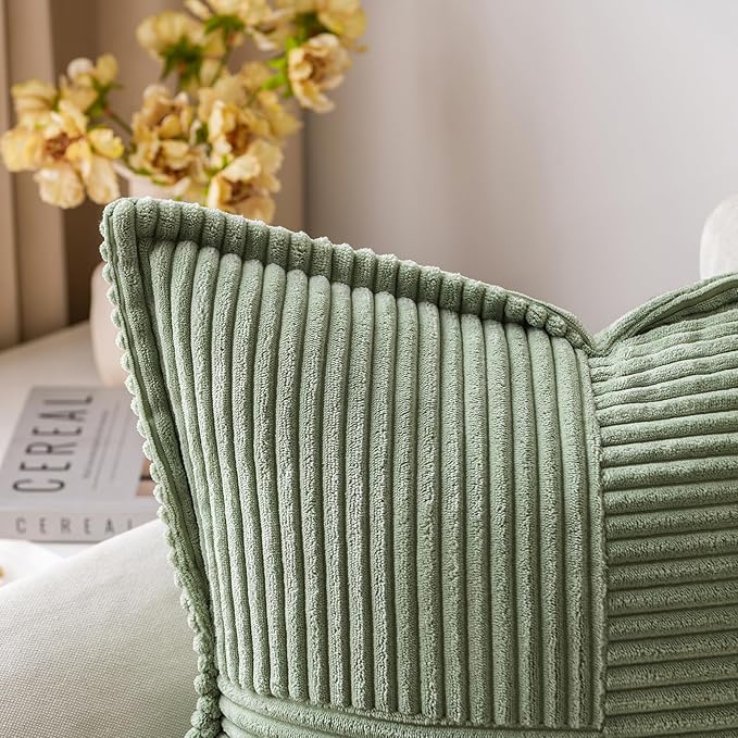 MIULEE Decorative Throw Pillow Covers for Couch Bed Livingroom 16x16 Inch Set of 2 Light Olive Green Boho Accent Throw Pllows Broadside Striped Patchwork Soft Corduroy Summer Pillowcases