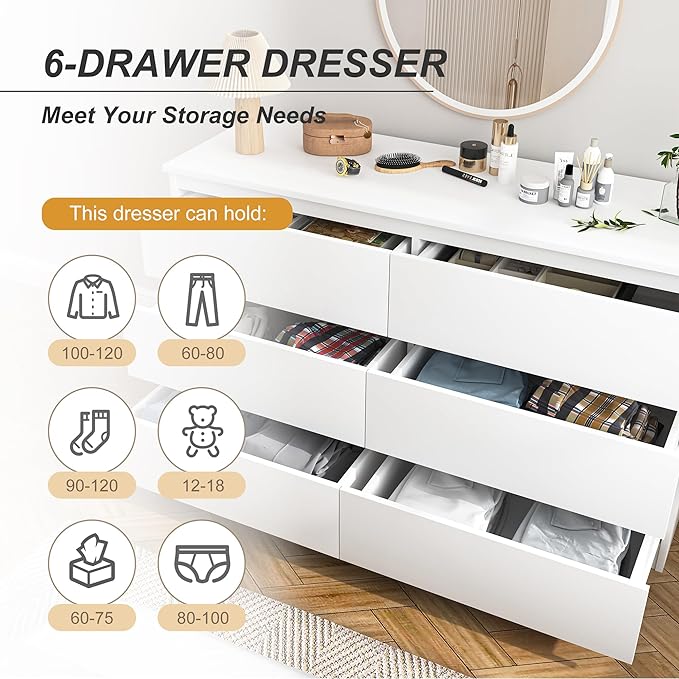 White Dresser for Bedroom,Modern Large 6 Drawer Dresser with Deep Drawer,Wide Storage Chest of Drawers,Wood Bedroom Storage Organizer Furniture for Closet
