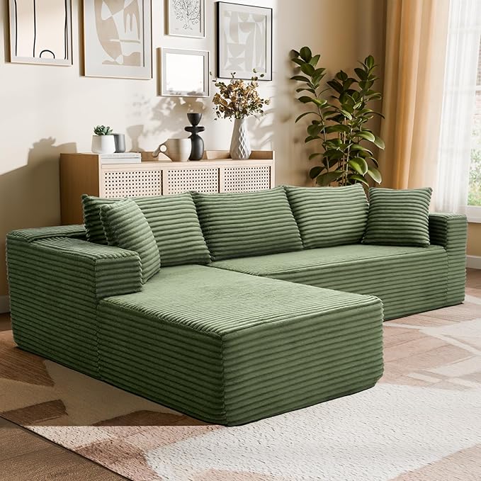 Modern Cloud Modular Sectional Sofa with Chaise, 106" L-Shaped Sofa Couch for Living Room, Deep Seat Plush Boneless Couches, Includes Pillows, Right Chaise, Green