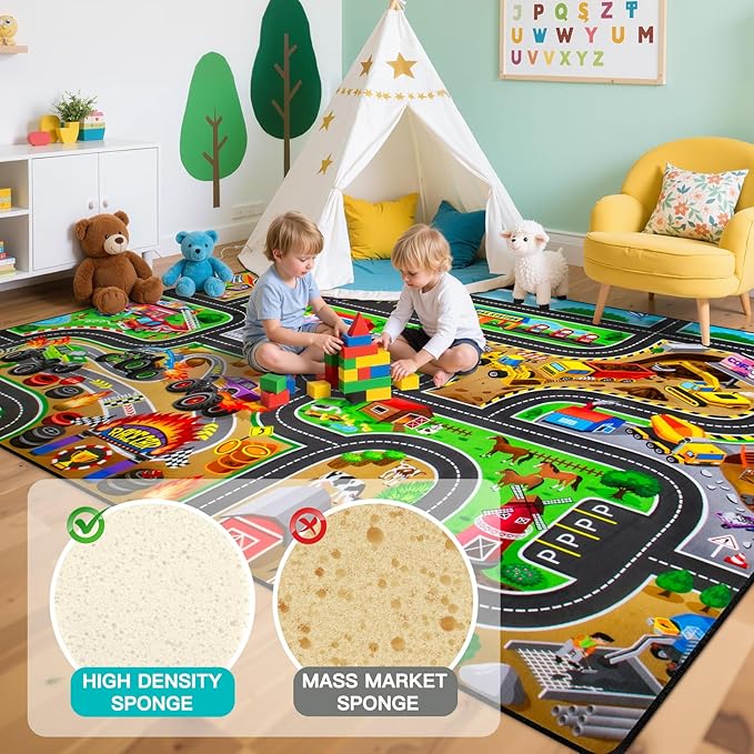 Kids Rug, 4x6 Ft Non-Slip Monster Truck Play Rug, Extra Thick (0.4in), Educational LearningTraffic Road Car Carpet for Nursery, Classroom, Playroom & Bedroom