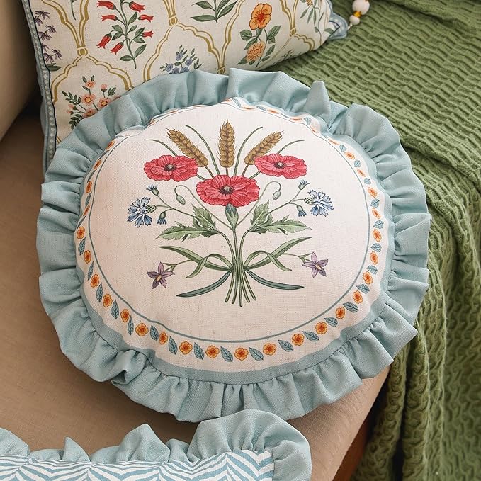Design Linen Round Throw Pillow Covers Diameter 16", Fresh Farmhouse Cushion Covers with Red Watercolor Wildflower Pattern Decor Pillowcases for Bed,Living Room,Outdoor,Car