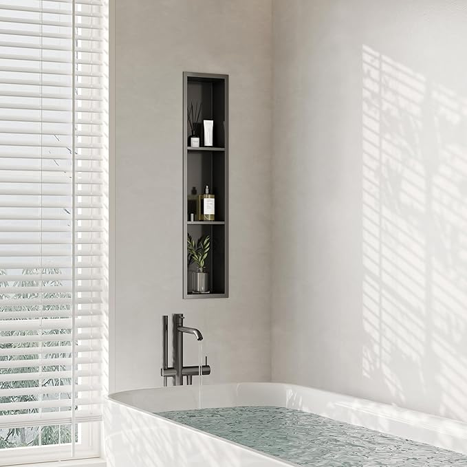 Stainless Steel Shower Niche 8" X 36", No Tile Needed Three-Tier Wall Niche, Recessed Shower Shelf for Bathroom Storage, Gun Metal