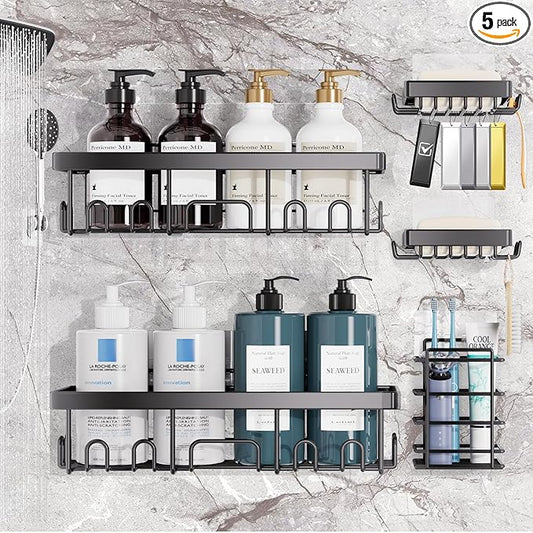 Veken Rustproof & Waterproof Shower Caddy 5-Pack, No Drilling Adhesive Wall Mounted Shower Shelves Rack, Heavy Weight Bearing, Large Organizer Storage Accessories, Ideal for Bathroom, Home & Kitchen