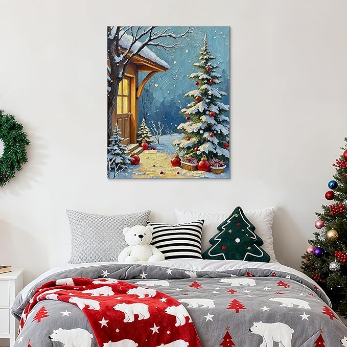 Framed Christmas Pictures Wall Decor,Vintage Pine Tree Prints,Winter Christmas Canvas Wall Art Decoration for Bedroom Bathroom Living Room Rustic Xmas Holiday Gifts (Christmas Tree 21, 11'' X 14'')