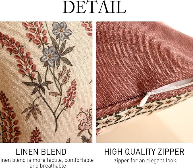 Design Linen Vintage Throw Pillow Covers 12"x20" Pack of 2, Rectangle Cushion Covers with Red Purple Flowers Green Leaves Pattern Decoration Pillowcases for Bed,Living Room,Outdoor,Car
