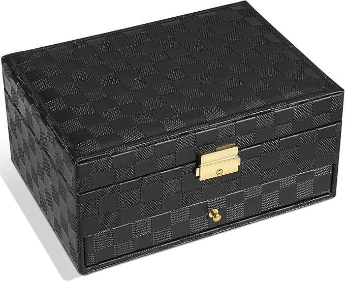 Jewelry Box for Women Girl Wife - Large PU Leather Jewelry Organizer Storage Case with Two Layers Display for Earrings Bracelets Rings Watches (Checkered Black)