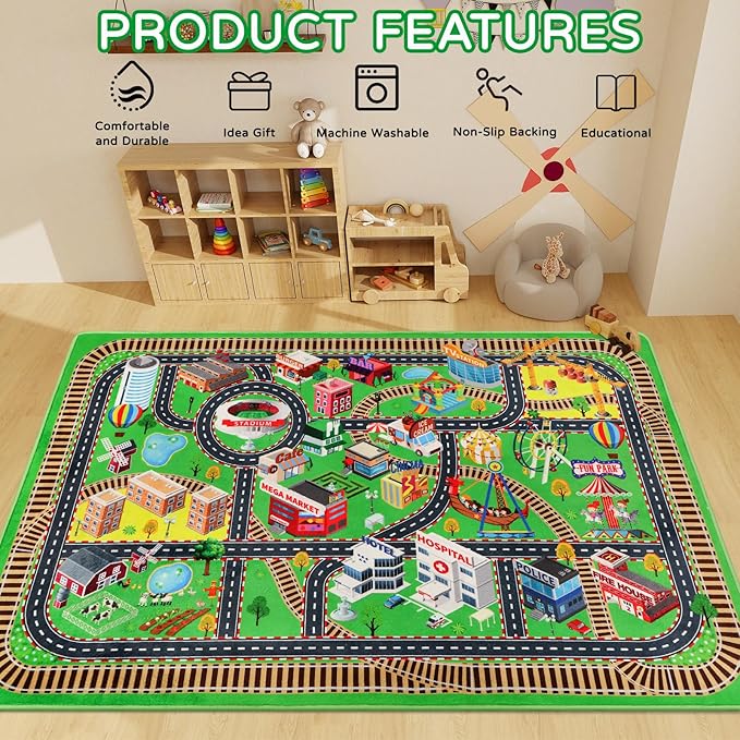 Kids Rug Play Mat for Toy Cars 3D City Life Road Traffic 59"×78.7" for Playroom Kids Car Road Rugs City Map Play Mat Non-Slip Washable Educational Car Rug for Toddler Boy Tummy Time Playtime
