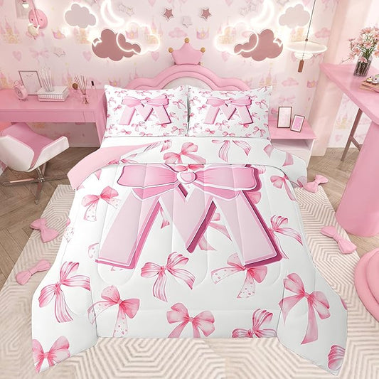 jejeloiu Kids Girls Cute Pink Bow Comforter Set Twin Size Monogrammed Bedding Set Ultra Soft Personalized Initial M Duvet Quilt Coquette Bow Knot Quilt Set Room Decor Modern Fashion Comforter