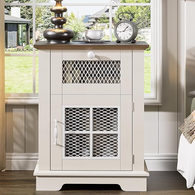 Nightstand with Charging Station, Farmhouse Night Stand with 1 Drawer and 1 Cabinet Magnetic Metal Mesh Barn Door, Rustic Wood Bedside for Bedroom, End Table, White