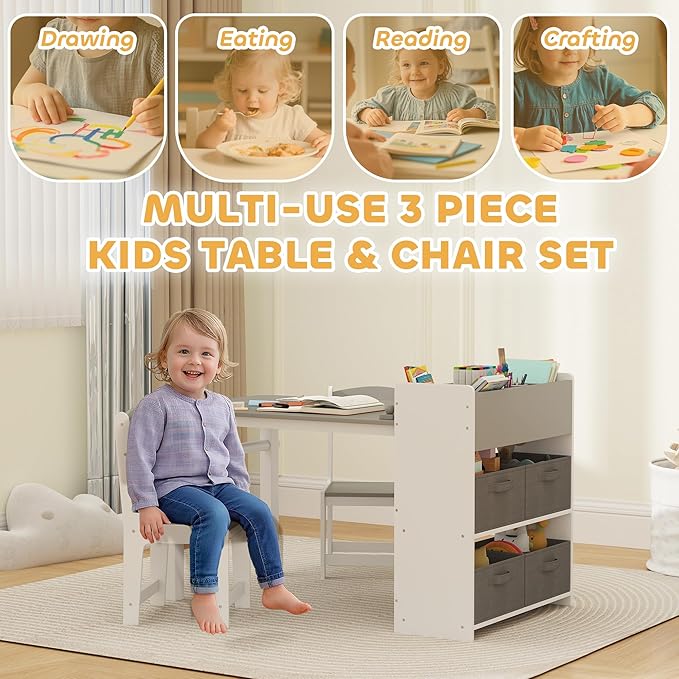 Qaba Kids Art Table & Easel Chair Set with Paper Roll, Toddler Desk and Chairs Set with Storage Shelves and Drawers, Activity Craft and Play Table for Writing Drawing Aged 3-8 Years Old, Gray