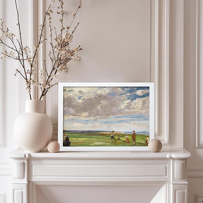 Poster Master Vintage Lady Astor Playing Golf at North Berwick Painting Poster - Retro Golf Course Print - Golf Art - Sports Art - Landscape Art - Office or Living Room Decor, 8x10 White Framed