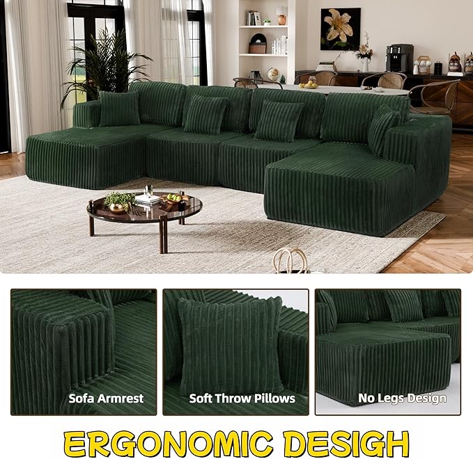 132" U Shaped Boneless Couch, Cloud Sectional Modular Sofa with Double Chaise Lounge, Corduroy Cloud Couch with Pillows & Deep Seat, Boneless Sofa for Living Room, Green