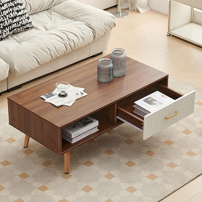 Mid Century Wooden Coffee Table with Stripe Drawer，Modern 41" Large Center Table with Storage，Rectangular Walnut Wood Coffee Tables for Living Room, 2-Tier Cocktail Table, Solid Wood Legs