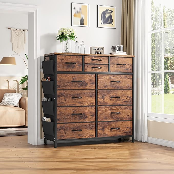 EnHomee Dresser for Bedroom with 12 Drawers, Tall Dressers & Chest of Drawers with Side Pockets, Fabric Dresser for Bedroom, Closet, Hallway, Living Room, Sturdy Metal Frame, Wood Top, Rustic Brown