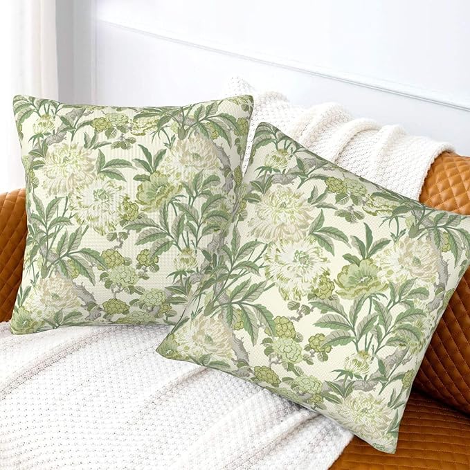 French Country Green Floral Throw Pillow Covers 18x18 Inch Set of 2 Spring Summer Chinoiserie Vintage Flower Pillow Case Farmhouse Decor Cushion Cover of Sofa Living Room Bedroom
