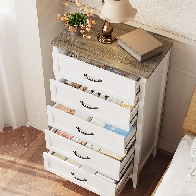 Gizoon 5 Drawer Dresser, 44.8" H Wood Chest of Drawers, White Dresser for Bedroom, with Smooth Rail, Metal Handles, Anti-tip Device, Modern Chest, for Living Room, Hallway, Grey
