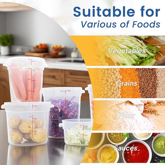 4 Pack 22QT Round Food Storage Containers with Lids, BPA-Free Polypropylene NSF Commercial Food Container, with Labels & Measuring Cup