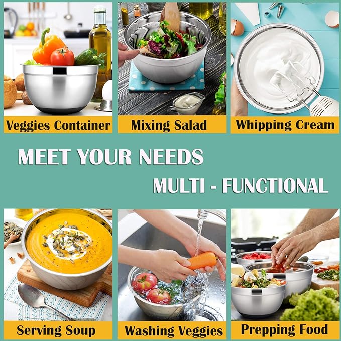 P&P CHEF Mixing Bowls with Lids Set of 5, Stainless Steel Nesting Salad Bowl with Lid & Base for Non-slip Mixing Prepping Storing Serving, 5 Sizes-7/3.5/2.5/1.5/1 QT, Black