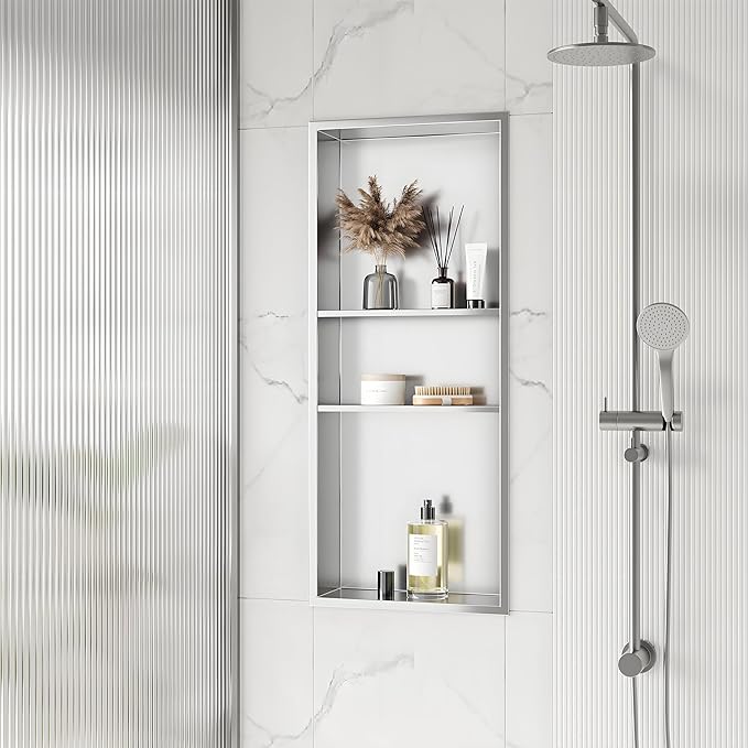 Stainless Steel Shower Niche 12" X 30", No Tile Needed Wall Niche Three-Tier Shower Niche, Recessed Shower Shelf for Bathroom Storage, Brushed Nickel