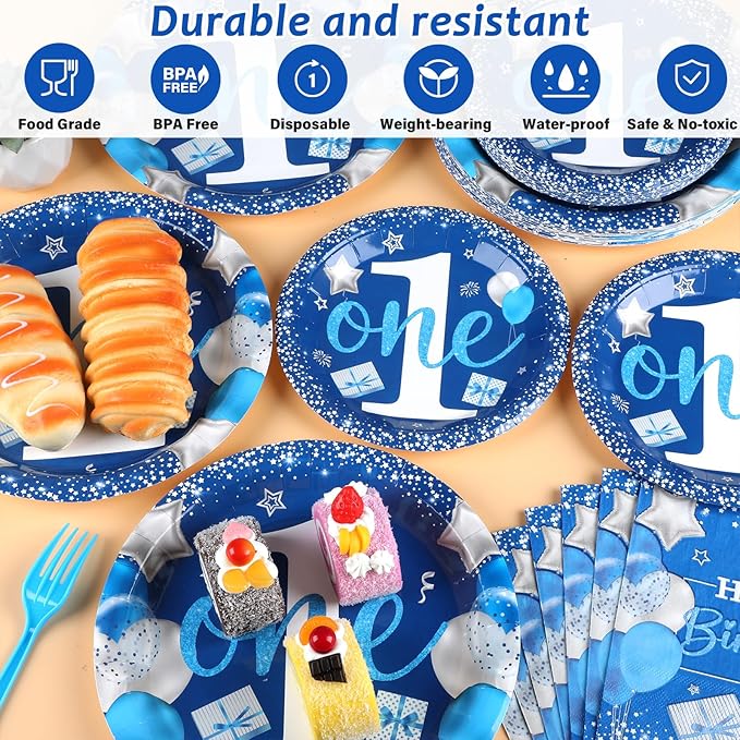 96 Pcs Boy 1st Birthday Party Plates Napkins Tableware Set Blue One Year Old Supplies Disposable Dinnerware Baby Boy 1st Birthday Party Decoration Favors for Baby First Birthday Supplies, 24 Guests