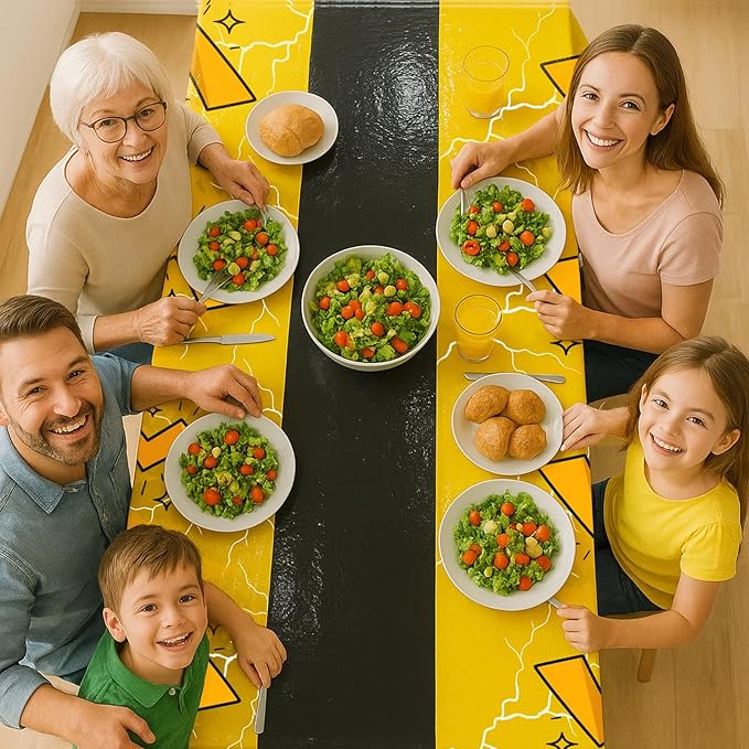 4Pcs 2in1 Yellow Cartoon Birthday Party Decorations Tablecloth, 54" x 108" Table Cloth Disposable Rectangle Plastic Table Cover for Kids Baby Shower Party Supplies