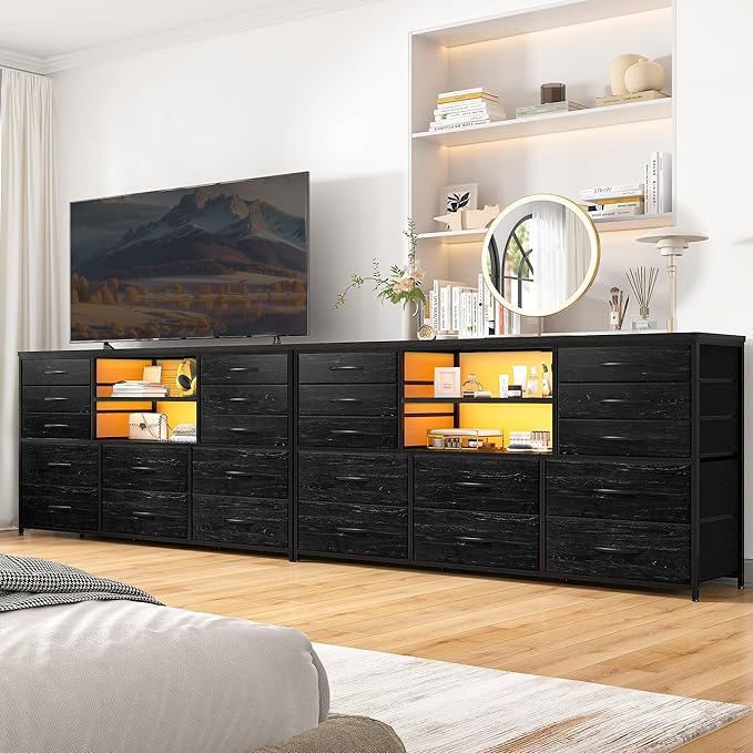 EnHomee Black Dresser with LED Lights & Power Outlets, 12 Drawers Dresser TV Stand for 60''TV Stand for Bedroom Fabric Dressers & Chest of Drawers, Sturdy Metal Frame, for Closet, Living Room,Hallway