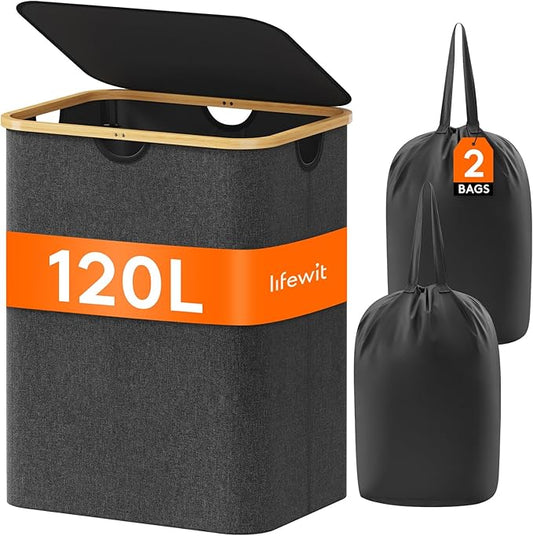 Lifewit 120L Laundry Basket with Lid, Clothes Hampers for Laundry with Bamboo Handles and A Removable Bag, Large Foldable Laundry Hamper for Bedroom, Bathroom, Dorm, Dark Gray