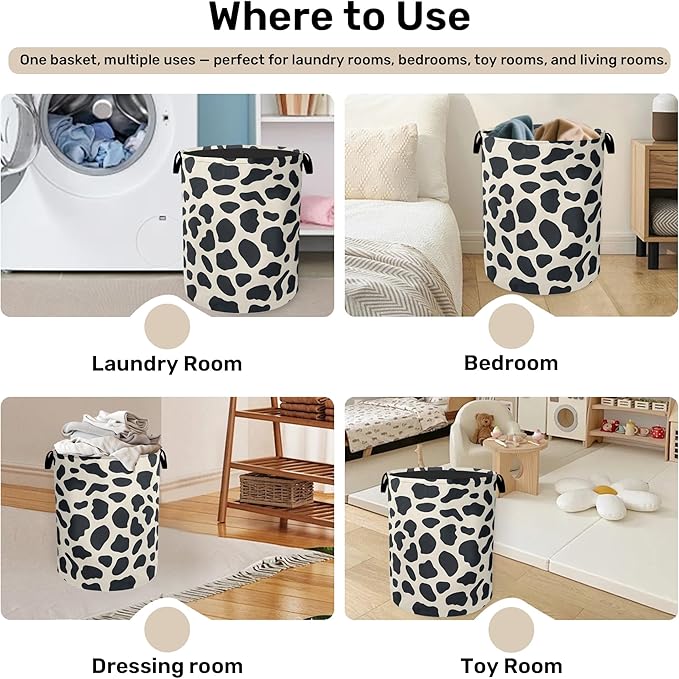 Cow Pattern Laundry Basket with Handles - Extra Large Foldable Hamper for Bathroom/Laundry/Bedroom/Dorm, Washable Fabric Storage Bin