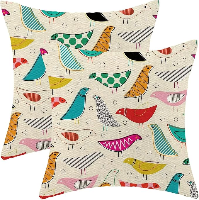 BETGINY Boho Pillow Covers 20 x 20 Inch Pack of 2, Mid Century Colorful Geometric Bird Decorative Throw Pillow Cases Outdoor Linen Farmhouse Modern Cushion Cover for Bedroom Home Sofa Decor