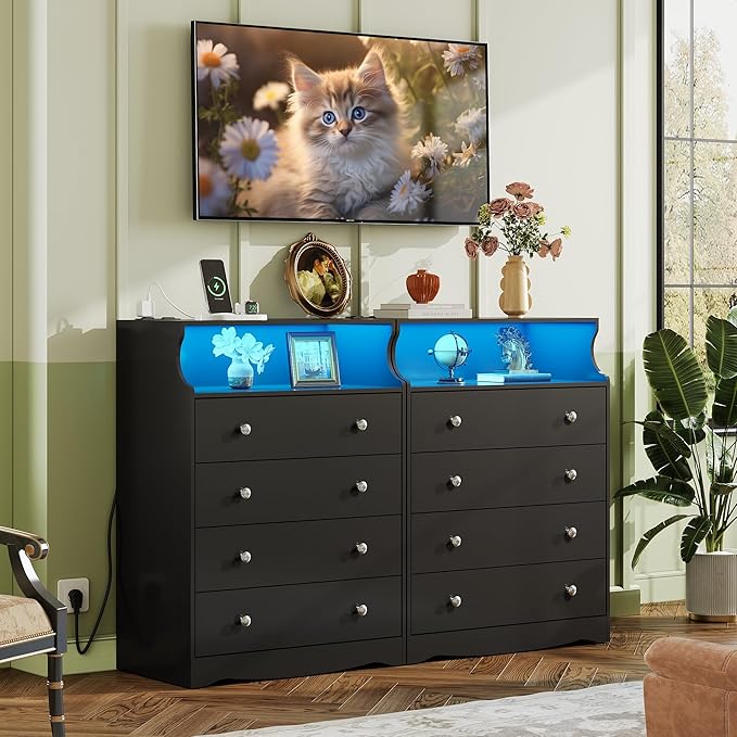 WLIVE Black LED Dresser for Bedroom, Tall Wood Dresser with 4 Drawers and Open Shelf, Chest of Drawers with Charging Station and LED Lights for Living Room, Hallway, Closet