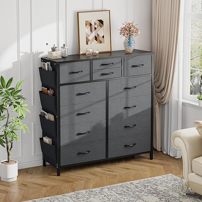 EnHomee Dresser for Bedroom with 12 Drawers, Tall Dressers & Chest of Drawers with Side Pockets, Fabric Dresser for Bedroom, Closet, Hallway, Living Room, Sturdy Metal Frame, Wood Top, Grey