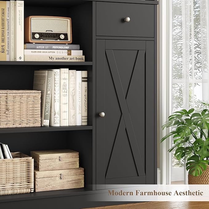 HOSTACK 74" Tall Book Shelf and Bookcase, 45" Wide Bookcase with Doors and Drawers, Modern 6 Tier Bookshelf with Storage, Large Wood Display Cabinet with Adjustable Shelves for Home Office, Black