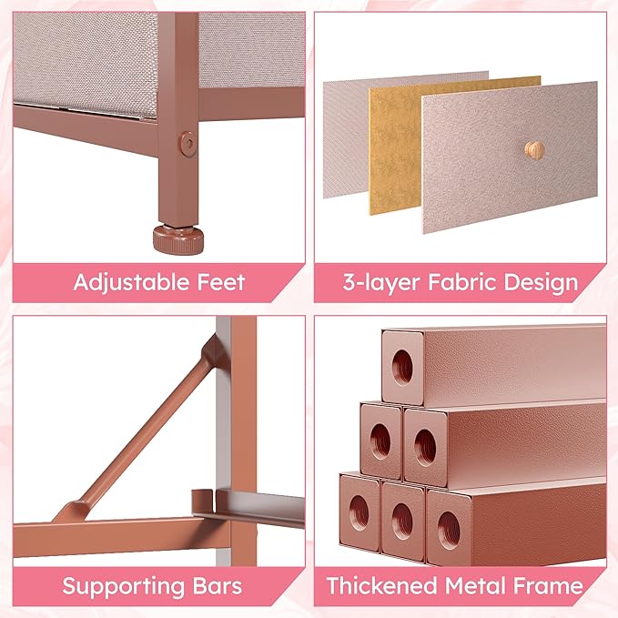 Dresser for Bedroom with 12 Drawers Tall Dressers for Bedroom Fabric Dressers & Chest of Drawers with Sturdy Metal Frame, Wood Top, for Woman, Closet, 40.6" W x 11.8" D x 44.5" H (Pink)