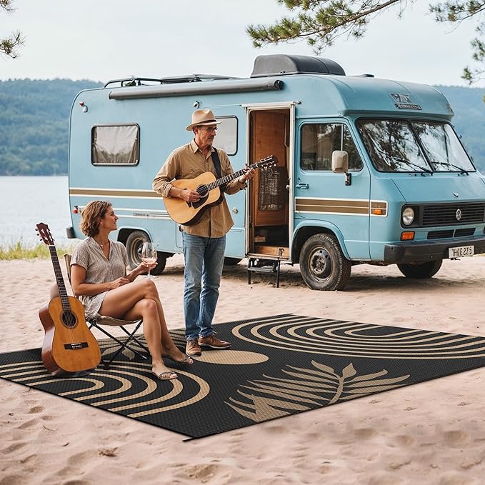 GENIMO Outdoor Rug 6' x 9' Waterproof for Patio Clearance, Reversible Plastic Straw Camping Carpet, Lightweight Rugs Mats for Rv, Backyard, Deck, Porch, Picnic, Balcony, Mix-Black & Brown