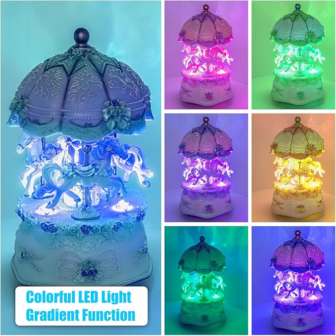 Carousel Music Box，Luxury Color Change LED Light Music Box,Luminous Rotating 3-Horse Musical Box with Gift Box for Girls Birthday Valentine Gift (You are My Sunshine, Blue)