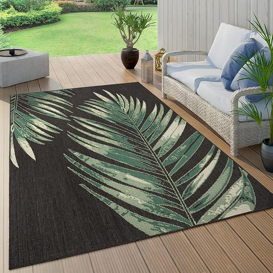 Outdoor Rug Black Green with Floral Palm Leaf Design Waterproof, Size: 4'7" x 6'7"