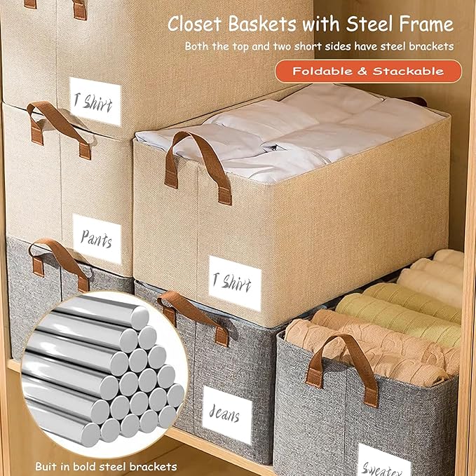 AARAINBOW 4 Pcs Closet Clothes Organizer with Handle, Closet Shelf Fabric Storage Box Steel Frame, Stackable Shelf Storage Baskets Foldable Wardrobe Storage Box for Clothes Toys, 23L (2 Gray 2 Beige)