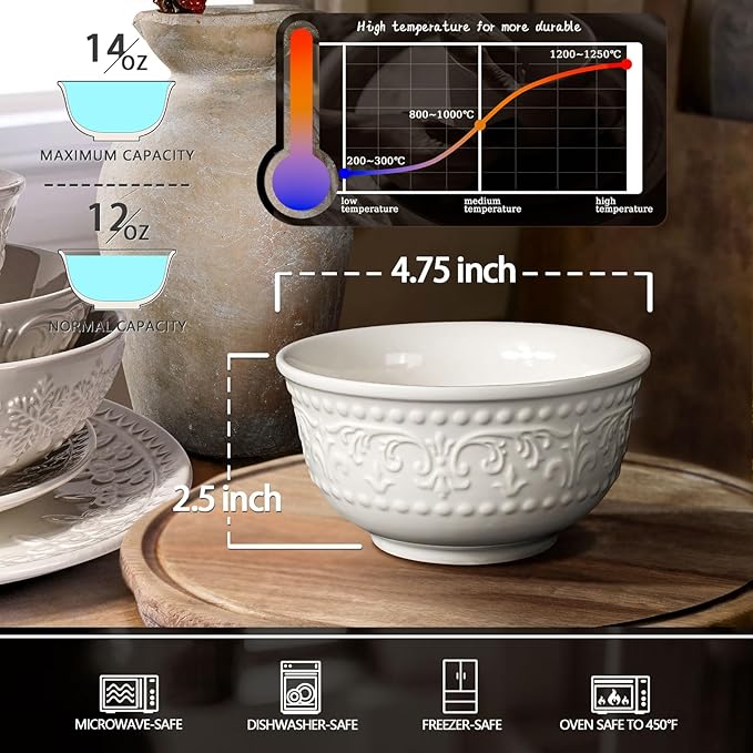 Small Ceramic Bowls - 14 Oz Ice Cream Bowls Set of 4, White Embossment Dessert Bowl for Kitchen, Soup, Side Dishes, Oatmeal, Rice, 4.75 Inch Microwave Oven Safe(Multiple Patterns)