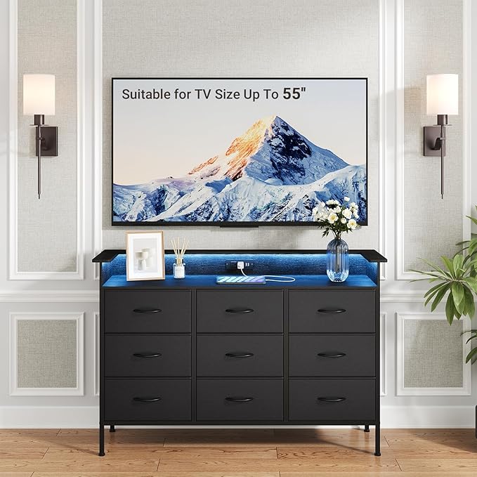 ELYKEN Black Dresser for Bedroom with LED Light & Charging Station, 9 PU Finish Fabric Drawers Dressers & Chest of Drawer with USB Outlet for for Entryway Closet Living Room Hallway