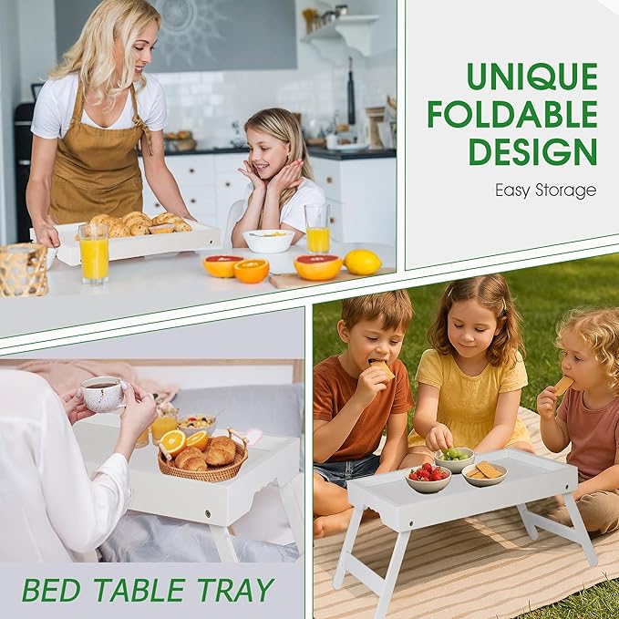 Bed Tray Table for Eating with Folding Legs, Bamboo Breakfast Table in Bed for Eating on Couch, Bed, Laptop Computer Tray(White, Medium)