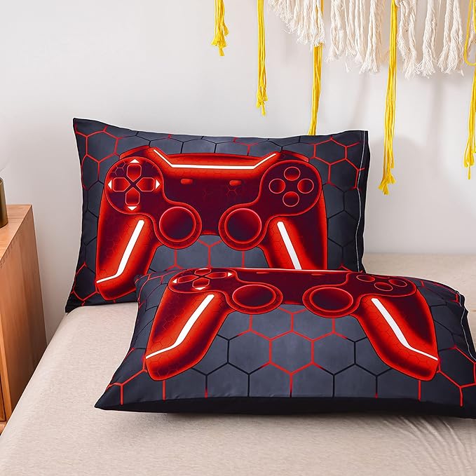 NTBED Game Console Comforter Set for Boys Girls Kids 3D Gaming Geometric Lightweight Microfiber Bedding Sets (Red, King)