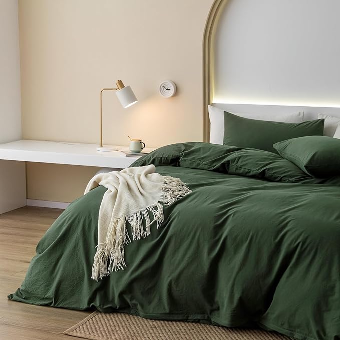 JIYUAN 100% Washed Cotton Duvet Cover Set 3 Pieces Cal King, 1 Duvet Cover 104x98 Inches(Comforter Not Included) and 2 Pillowcases,Linen Feel Bedding Set Comfy and Breathable,Forest Green