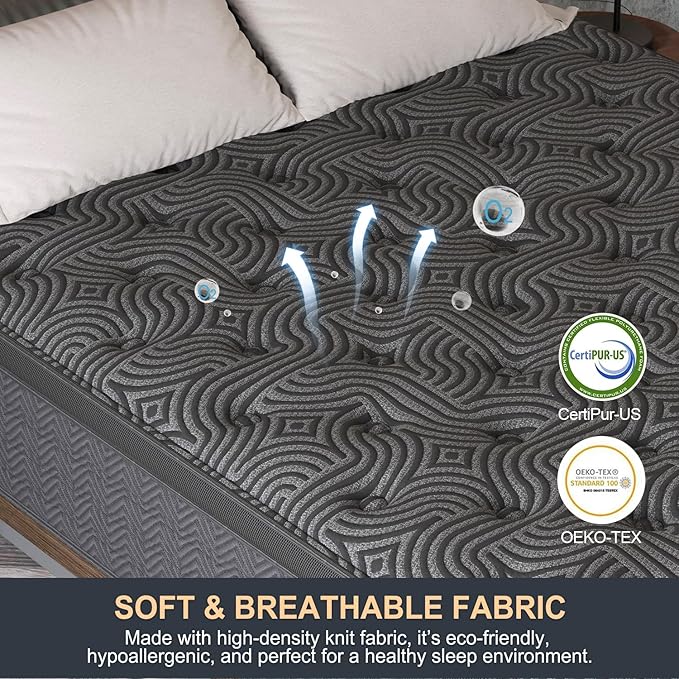 Full Size Mattress, 12 Inch Hybrid Mattresses with Durable Support, Motion Isolation & Individually Poctet, 100 Night Trial, Dark Grey